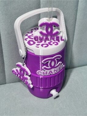 CHANEL Purple & White 12oz Mini Cooler Soda Can Holder w/Straw Topper & Keytag
